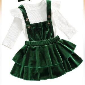 Girls Green Velvet Dress with White Top -